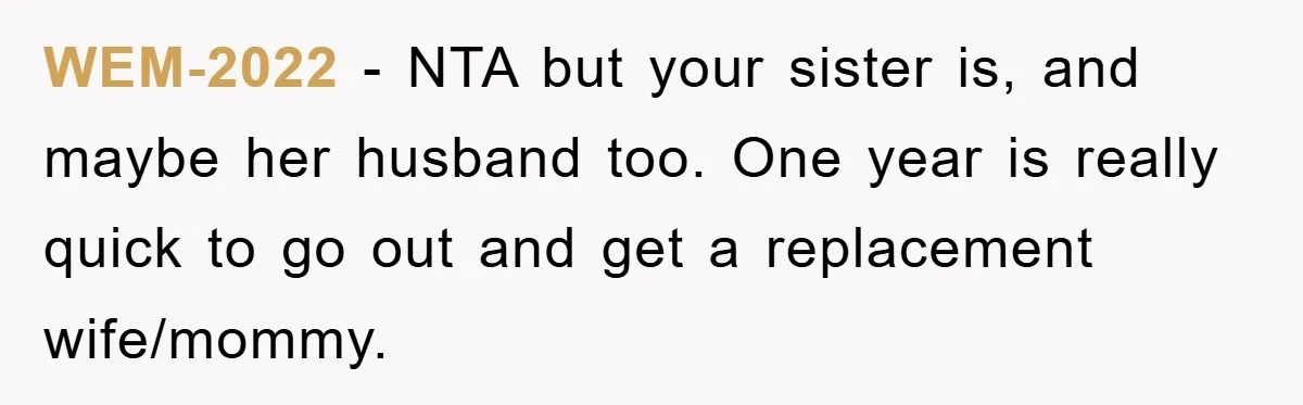 WEM-2022 − NTA but your sister is, and maybe her husband too. One year is really quick to go out and get a replacement wife/mommy.