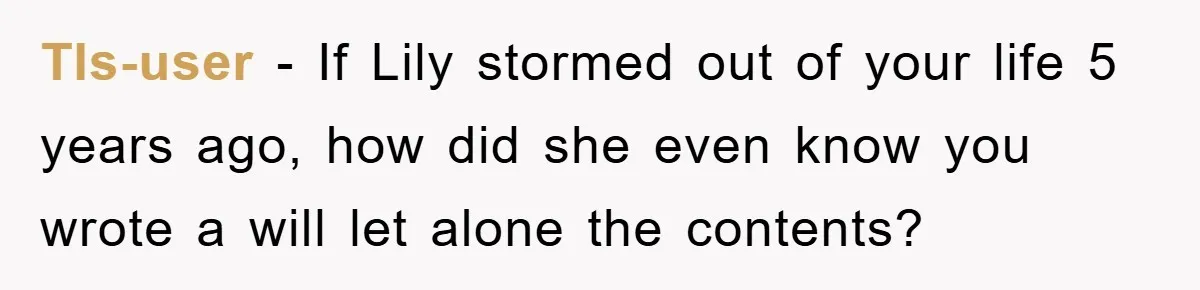 Tls-user − If Lily stormed out of your life 5 years ago, how did she even know you wrote a will let alone the contents?