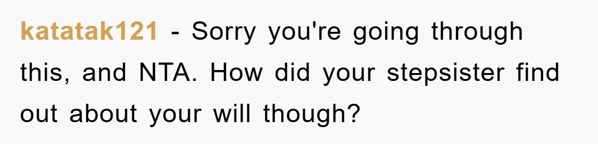 katatak121 − Sorry you're going through this, and NTA. How did your stepsister find out about your will though?