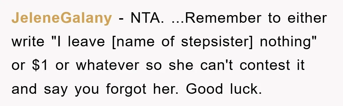 JeleneGalany − NTA. ...Remember to either write "I leave [name of stepsister] nothing" or $1 or whatever so she can't contest it and say you forgot her. Good luck.