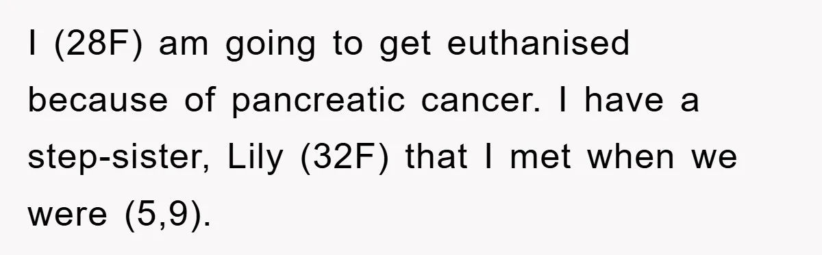 I (28F) am going to get euthanised because of pancreatic cancer. I have a step-sister, Lily (32F) that I met when we were (5,9).