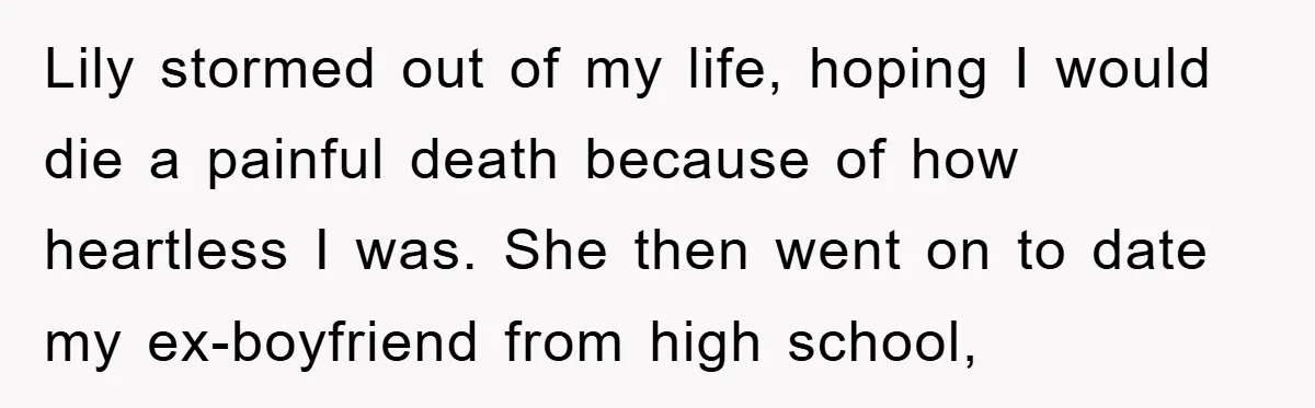 Lily stormed out of my life, hoping I would die a painful death because of how heartless I was. She then went on to date my ex-boyfriend from high school,