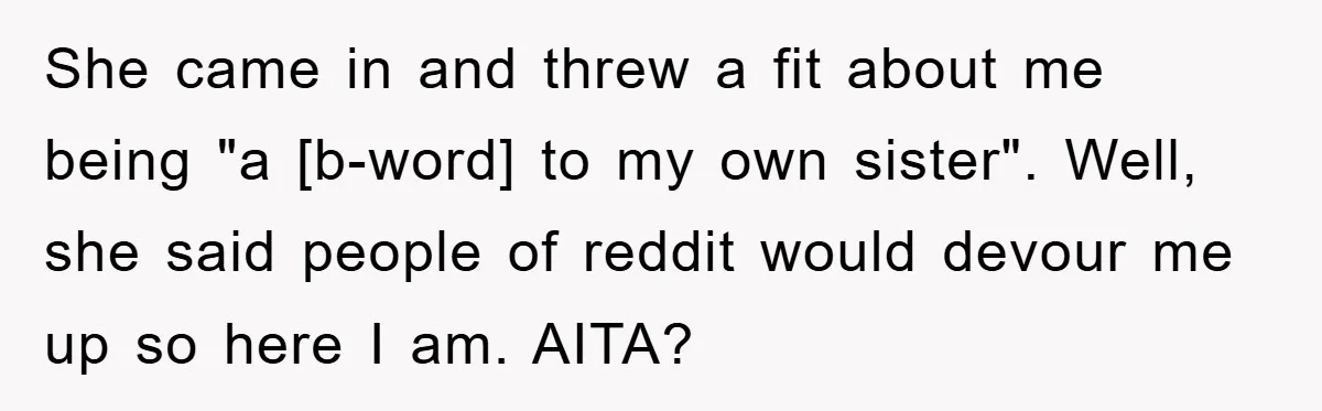 She came in and threw a fit about me being "a [b-word] to my own sister". Well, she said people of reddit would devour me up so here I am....