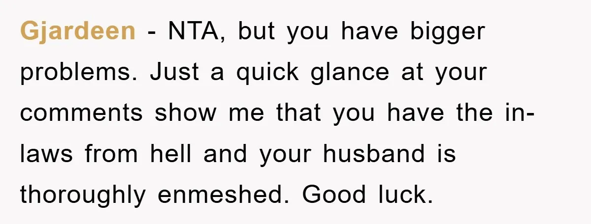 Gjardeen − NTA, but you have bigger problems. Just a quick glance at your comments show me that you have the in-laws from hell and your husband is thoroughly enmeshed....