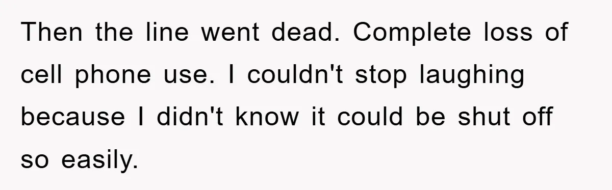 Then the line went dead. Complete loss of cell phone use. I couldn't stop laughing because I didn't know it could be shut off so easily.