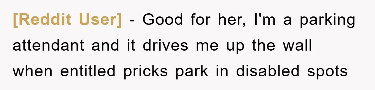 [Reddit User] − Good for her, I'm a parking attendant and it drives me up the wall when entitled pricks park in disabled spots