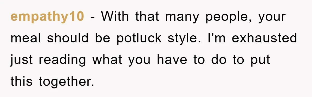 empathy10 − With that many people, your meal should be potluck style. I'm exhausted just reading what you have to do to put this together.
