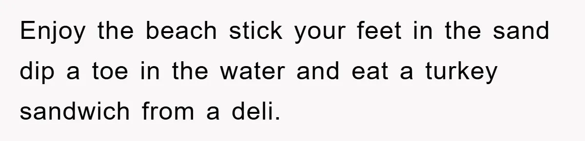 Enjoy the beach stick your feet in the sand dip a toe in the water and eat a turkey sandwich from a deli.