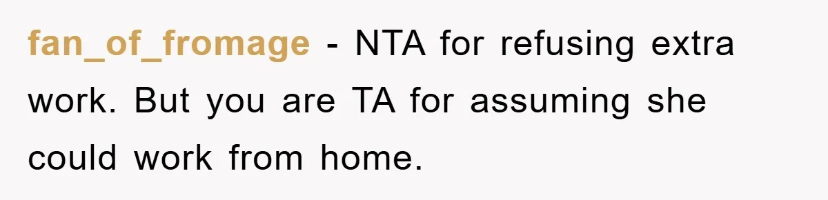 fan_of_fromage − NTA for refusing extra work. But you are TA for assuming she could work from home.