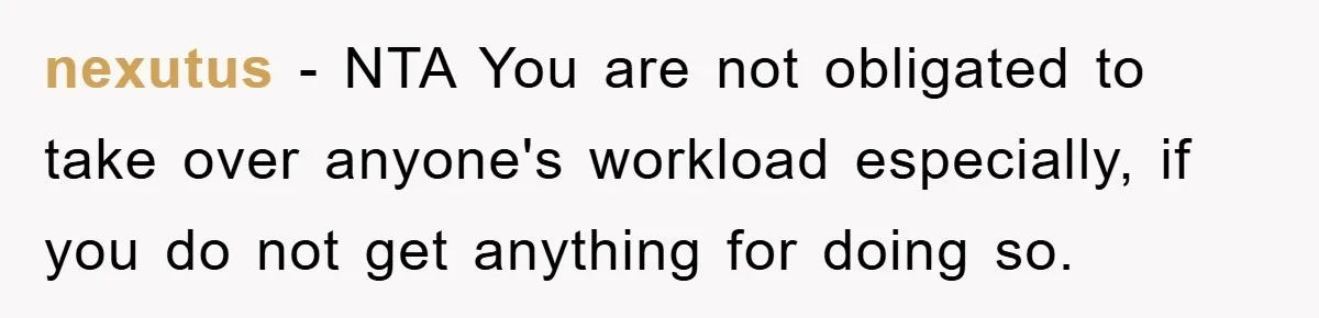 nexutus − NTA You are not obligated to take over anyone's workload especially, if you do not get anything for doing so.