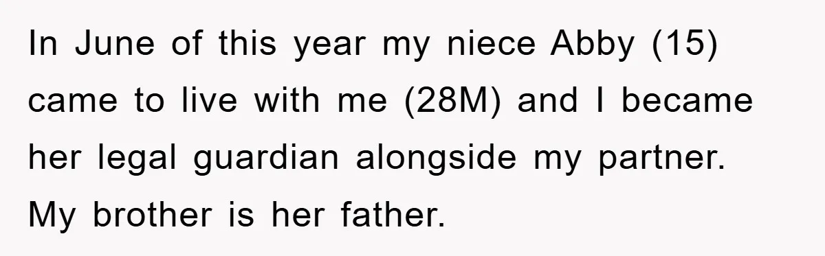 In June of this year my niece Abby (15) came to live with me (28M) and I became her legal guardian alongside my partner. My brother is her father.