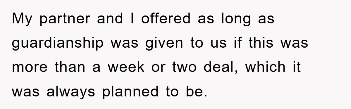 My partner and I offered as long as guardianship was given to us if this was more than a week or two deal, which it was always planned to be.
