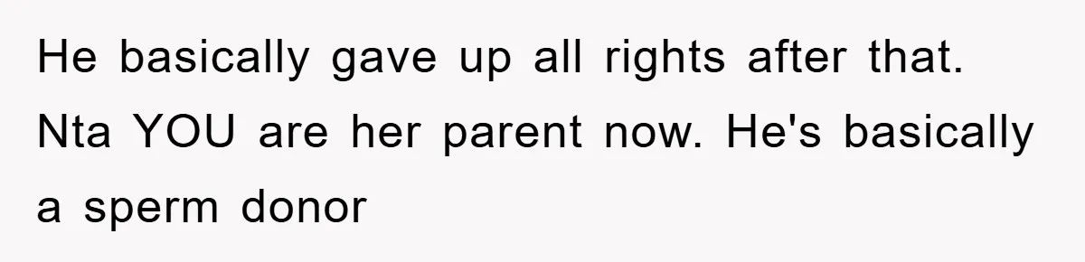 He basically gave up all rights after that. Nta YOU are her parent now. He's basically a sperm donor