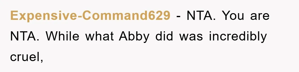 Expensive-Command629 − NTA. You are NTA. While what Abby did was incredibly cruel,