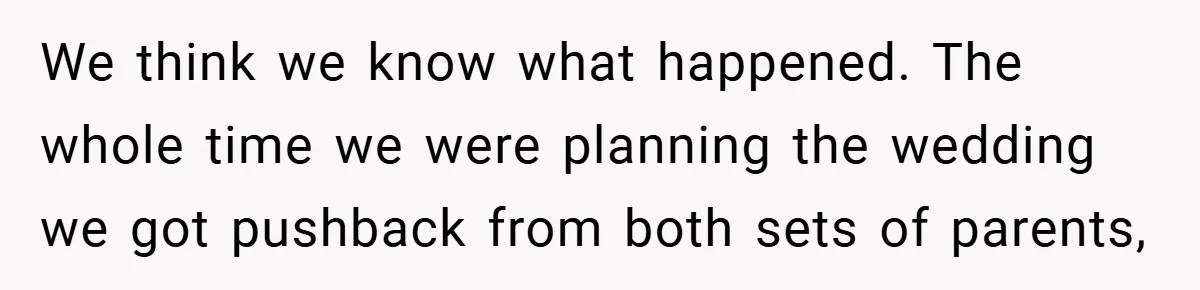 We think we know what happened. The whole time we were planning the wedding we got pushback from both sets of parents,