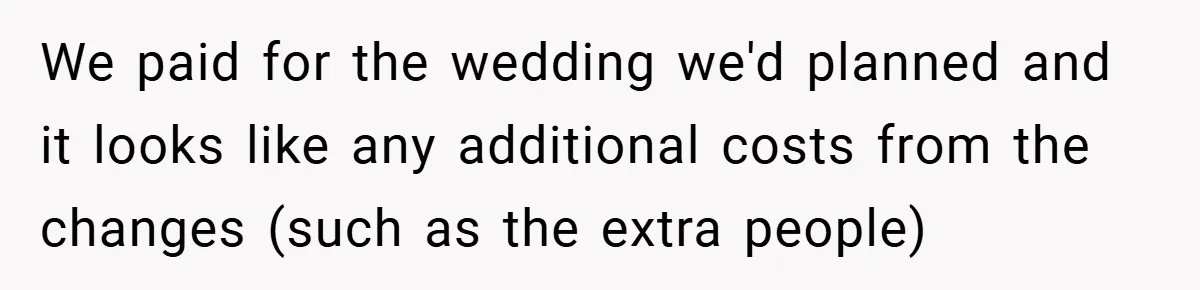 We paid for the wedding we'd planned and it looks like any additional costs from the changes (such as the extra people)