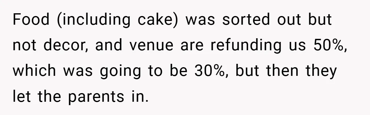 Food (including cake) was sorted out but not decor, and venue are refunding us 50%, which was going to be 30%, but then they let the parents in.