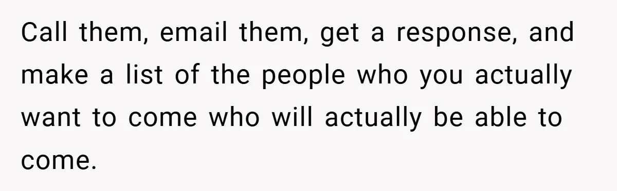Call them, email them, get a response, and make a list of the people who you actually want to come who will actually be able to come.