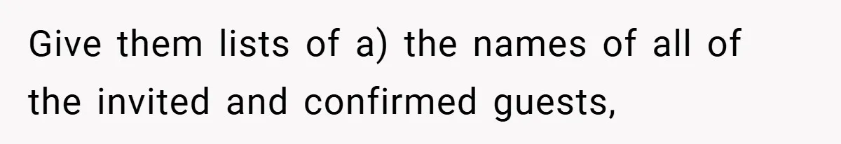 Give them lists of a) the names of all of the invited and confirmed guests,