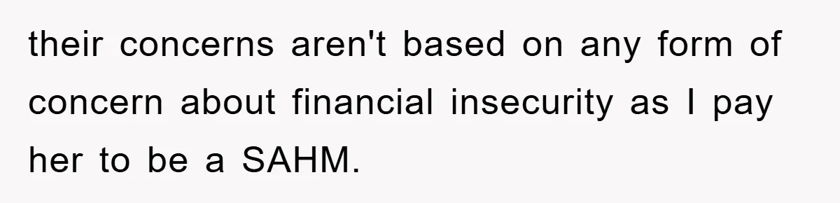their concerns aren't based on any form of concern about financial insecurity as I pay her to be a SAHM.