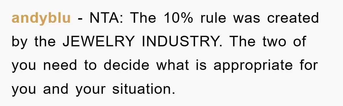 andyblu − NTA: The 10% rule was created by the JEWELRY INDUSTRY. The two of you need to decide what is appropriate for you and your situation.