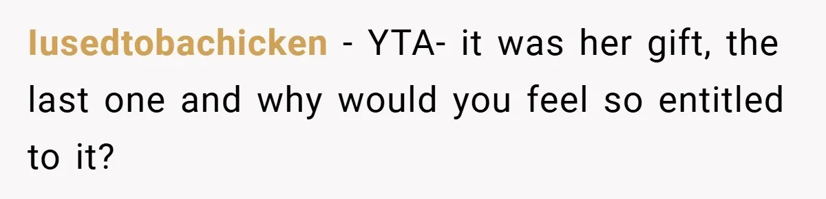 Iusedtobachicken − YTA- it was her gift, the last one and why would you feel so entitled to it?
