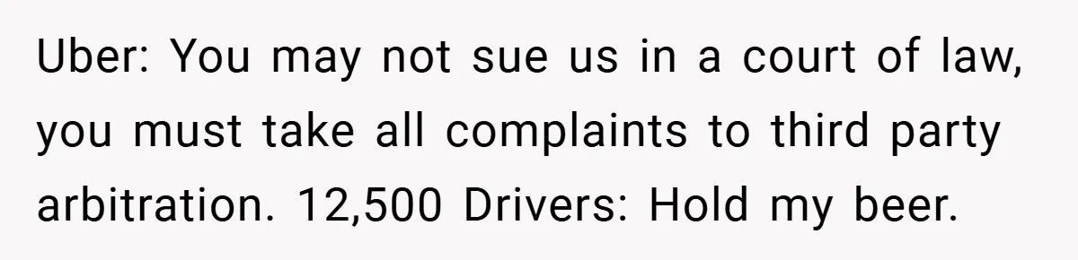 Uber: You may not sue us in a court of law, you must take all complaints to third party arbitration. 12,500 Drivers: Hold my beer.