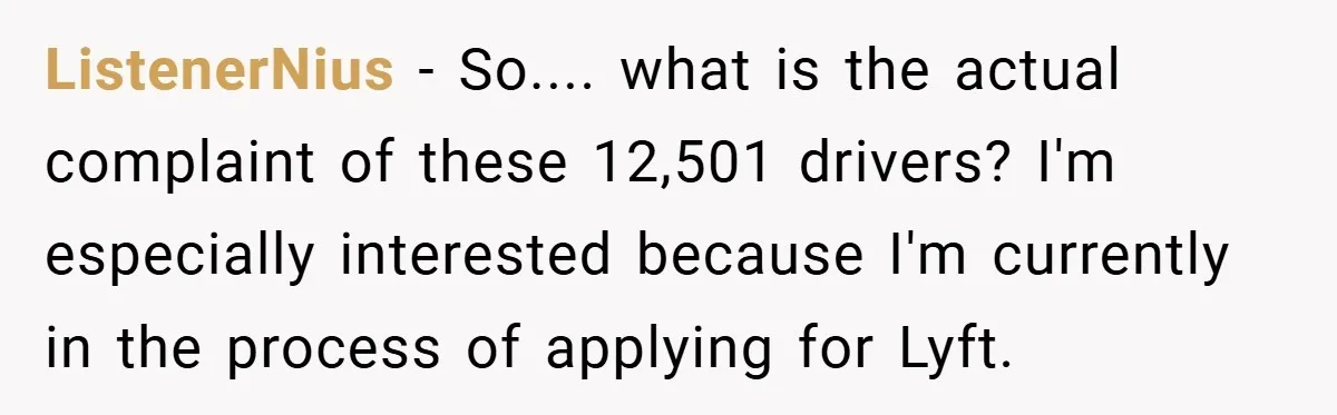 ListenerNius − So.... what is the actual complaint of these 12,501 drivers? I'm especially interested because I'm currently in the process of applying for Lyft.