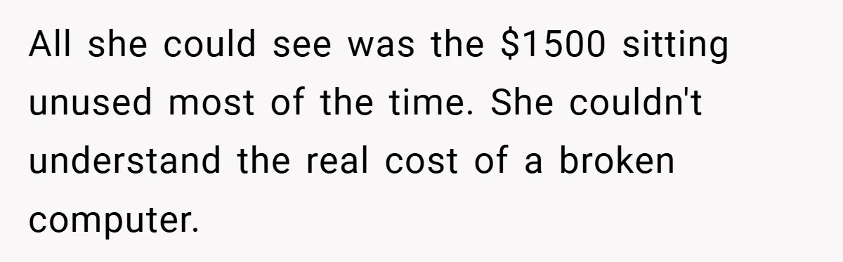 All she could see was the $1500 sitting unused most of the time. She couldn't understand the real cost of a broken computer.