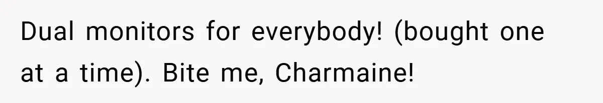 Dual monitors for everybody! (bought one at a time). Bite me, Charmaine!