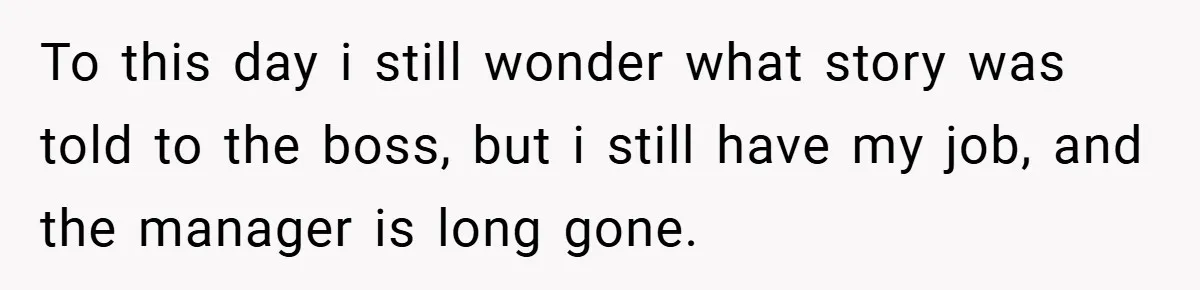 To this day i still wonder what story was told to the boss, but i still have my job, and the manager is long gone.