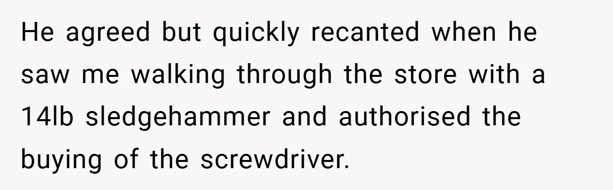 He agreed but quickly recanted when he saw me walking through the store with a 14lb sledgehammer and authorised the buying of the screwdriver.
