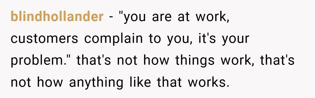 blindhollander − ''you are at work, customers complain to you, it's your problem.'' that's not how things work, that's not how anything like that works.
