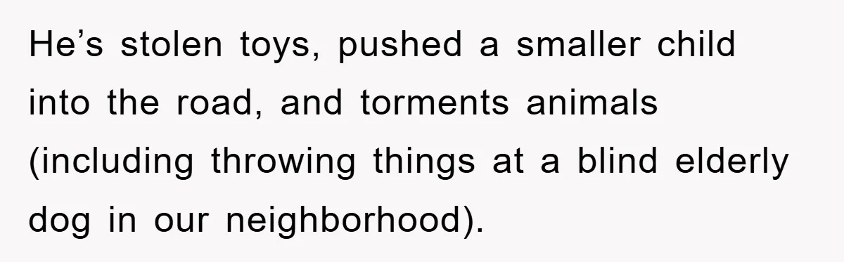 He’s stolen toys, pushed a smaller child into the road, and torments animals (including throwing things at a blind elderly dog in our neighborhood).