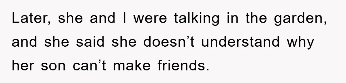 Later, she and I were talking in the garden, and she said she doesn’t understand why her son can’t make friends.