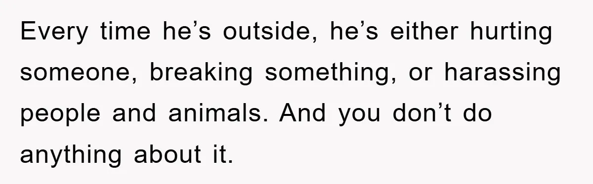 Every time he’s outside, he’s either hurting someone, breaking something, or harassing people and animals. And you don’t do anything about it.