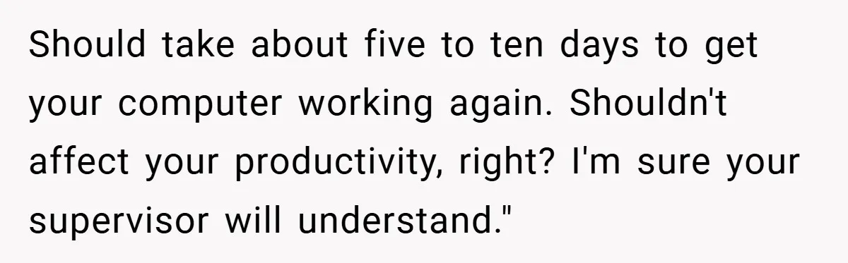 Should take about five to ten days to get your computer working again. Shouldn't affect your productivity, right? I'm sure your supervisor will understand."