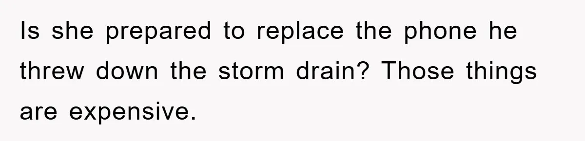 Is she prepared to replace the phone he threw down the storm drain? Those things are expensive.