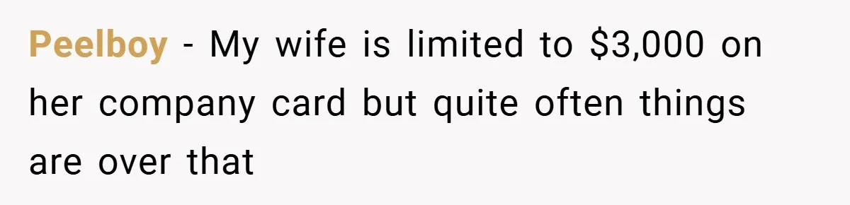 Peelboy − My wife is limited to $3,000 on her company card but quite often things are over that