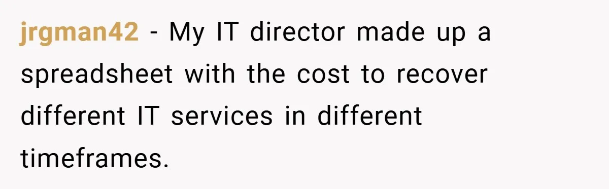 jrgman42 − My IT director made up a spreadsheet with the cost to recover different IT services in different timeframes.