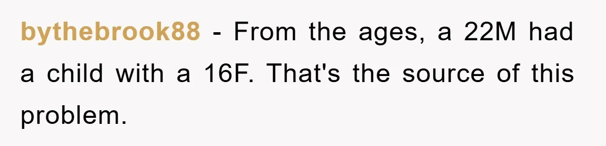 bythebrook88 − From the ages, a 22M had a child with a 16F. That's the source of this problem.