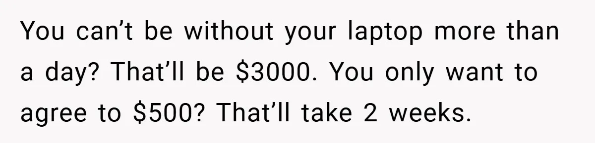 You can’t be without your laptop more than a day? That’ll be $3000. You only want to agree to $500? That’ll take 2 weeks.