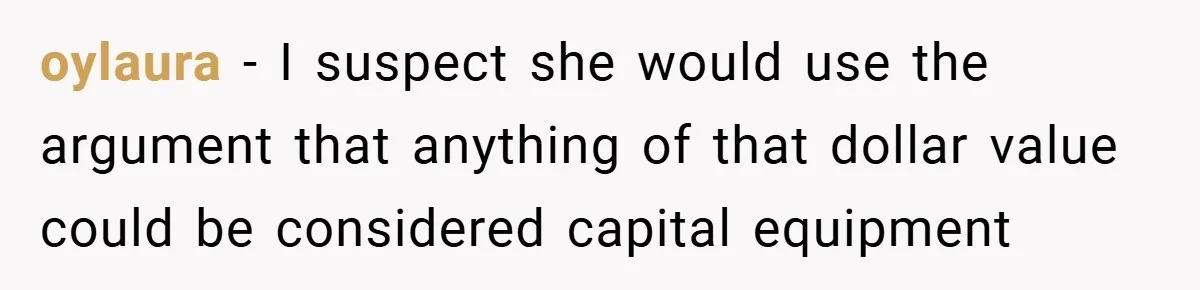oylaura − I suspect she would use the argument that anything of that dollar value could be considered capital equipment