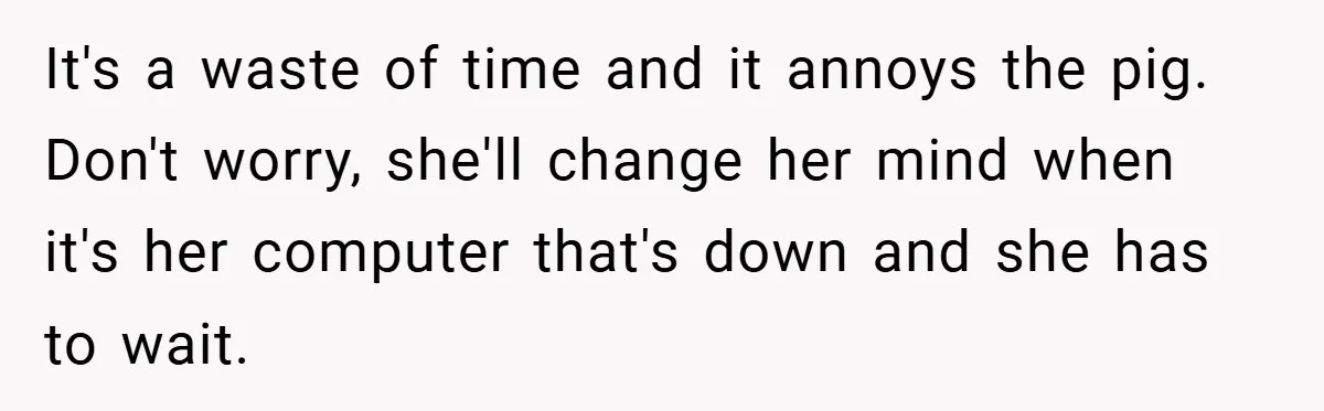 It's a waste of time and it annoys the pig. Don't worry, she'll change her mind when it's her computer that's down and she has to wait.