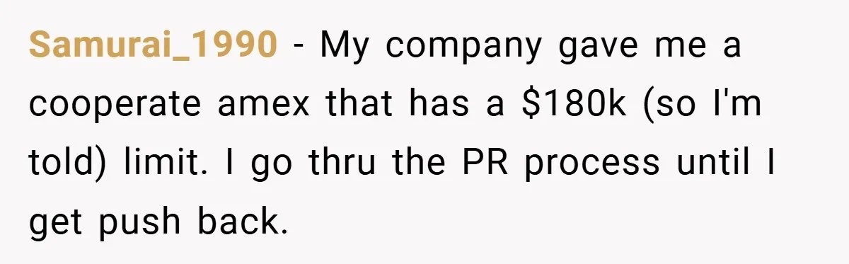 Samurai_1990 − My company gave me a cooperate amex that has a $180k (so I'm told) limit. I go thru the PR process until I get push back.