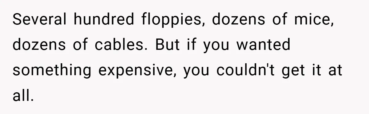 Several hundred floppies, dozens of mice, dozens of cables. But if you wanted something expensive, you couldn't get it at all.
