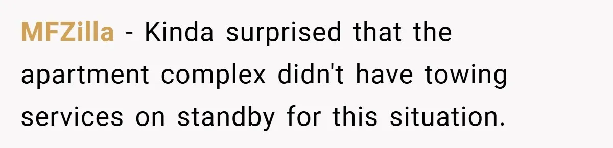 MFZilla − Kinda surprised that the apartment complex didn't have towing services on standby for this situation.