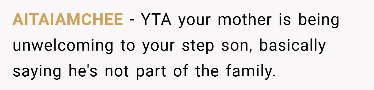 Man Calls Wife “Ridiculous” for Skipping Christmas Over a Stocking AITAIAMCHEE − YTA your mother is being unwelcoming to your step son, basically saying he's not part of the family.