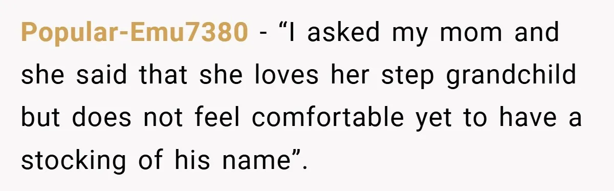 Man Calls Wife “Ridiculous” for Skipping Christmas Over a Stocking Popular-Emu7380 − “I asked my mom and she said that she loves her step grandchild but does not feel comfortable yet to have a stocking of his name”.