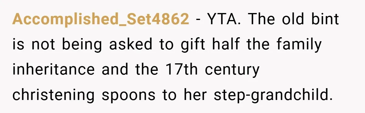 Man Calls Wife “Ridiculous” for Skipping Christmas Over a Stocking Accomplished_Set4862 − YTA. The old bint is not being asked to gift half the family inheritance and the 17th century christening spoons to her step-grandchild.
